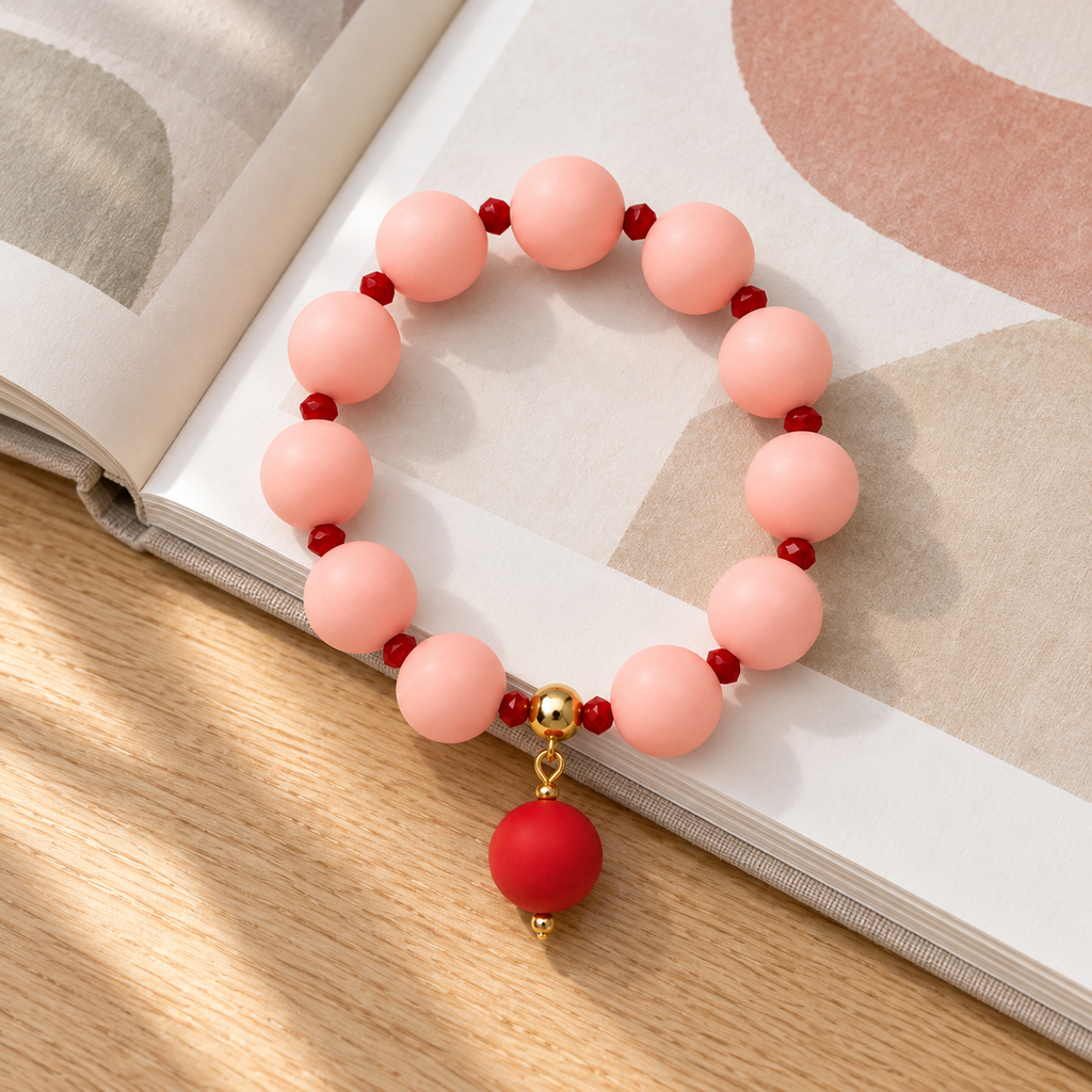 Blush pink beaded bracelet with tomato red drop bead