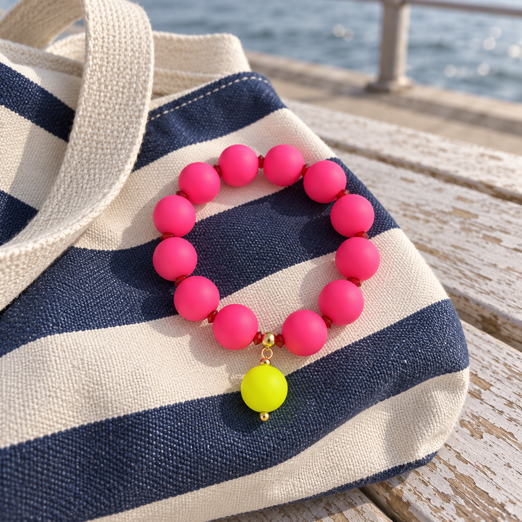 Bright pink silicone beaded bracelet with a neon drop bead