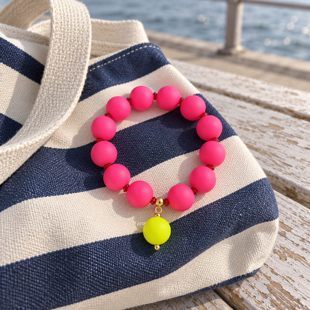Bright pink silicone beaded bracelet with a neon drop bead