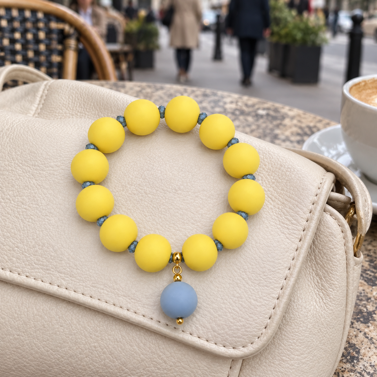 Butter yellow and soft blue beaded bracelet 15 mm