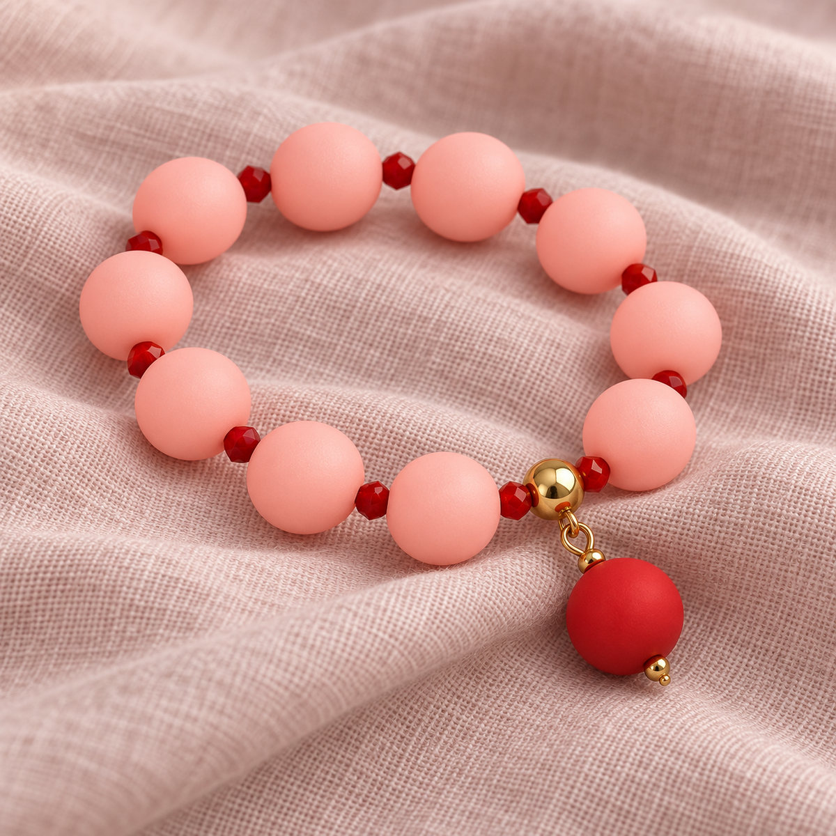 Blush pink beaded bracelet with tomato red drop bead