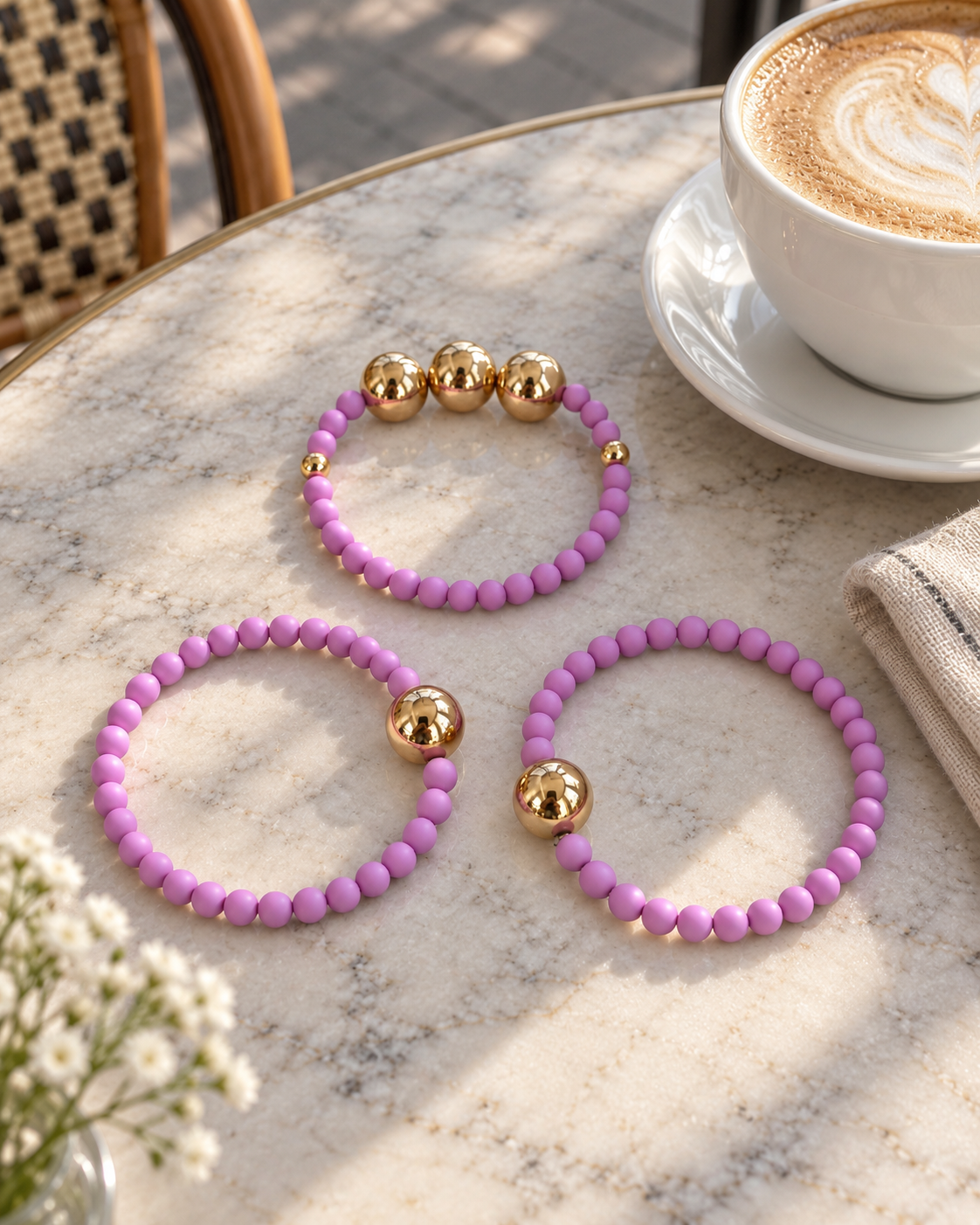 Purple and rose gold beaded bracelet stack