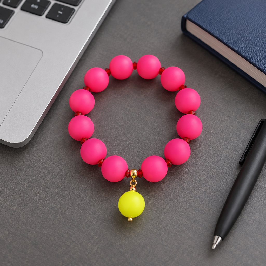 Bright pink silicone beaded bracelet with a neon drop bead