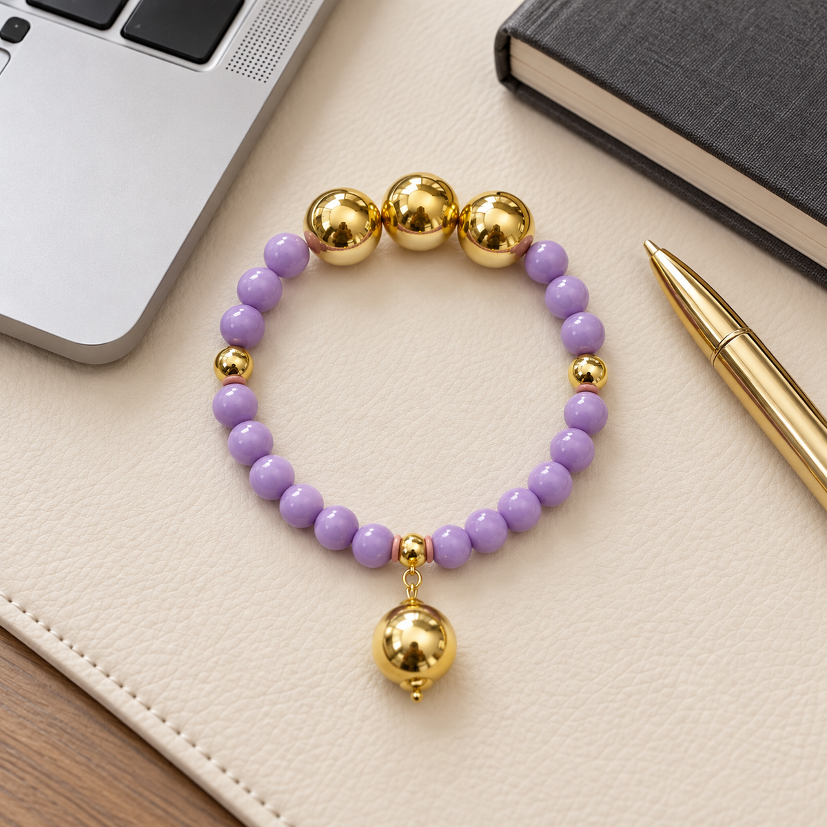 Purple and gold beaded bracelet