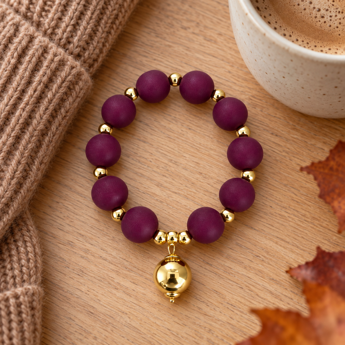 Burgundy silicone beaded bracelet with gold drop