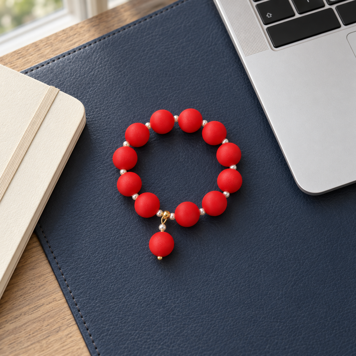 Tomato red & pearl beaded bracelet