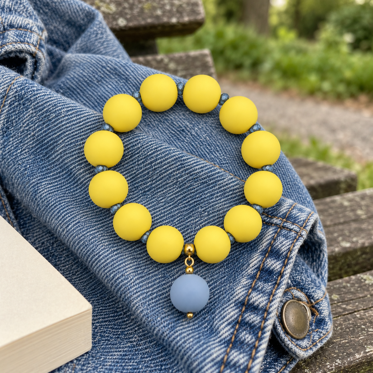 Butter yellow and soft blue beaded bracelet 15 mm