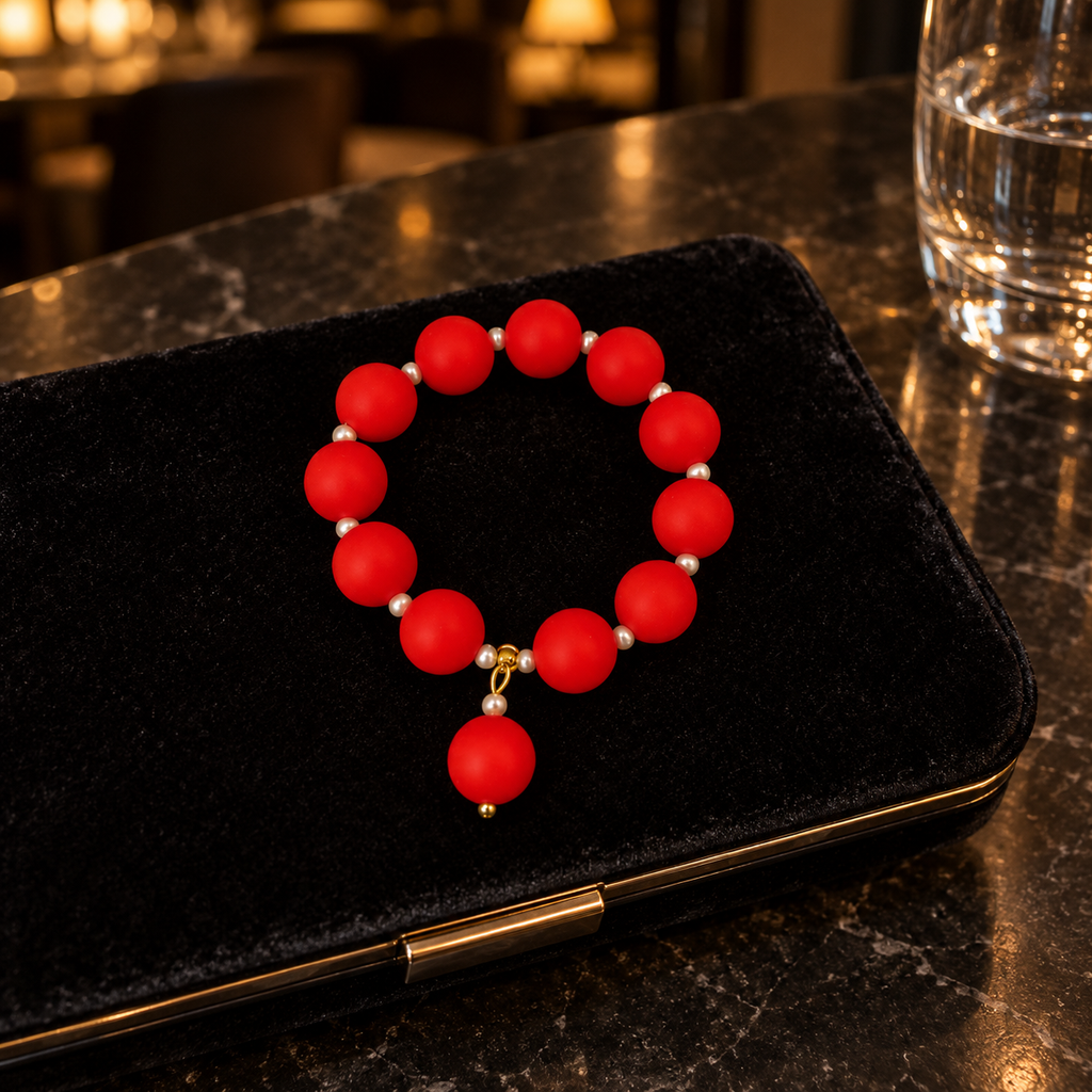 Tomato red & pearl beaded bracelet
