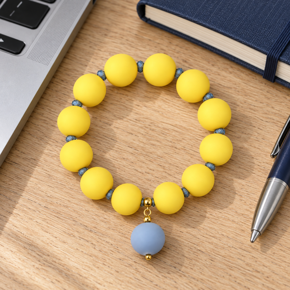Butter yellow and soft blue beaded bracelet 15 mm