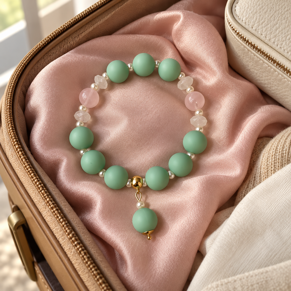Aqua and crystal beaded bracelet with aqua drop bead