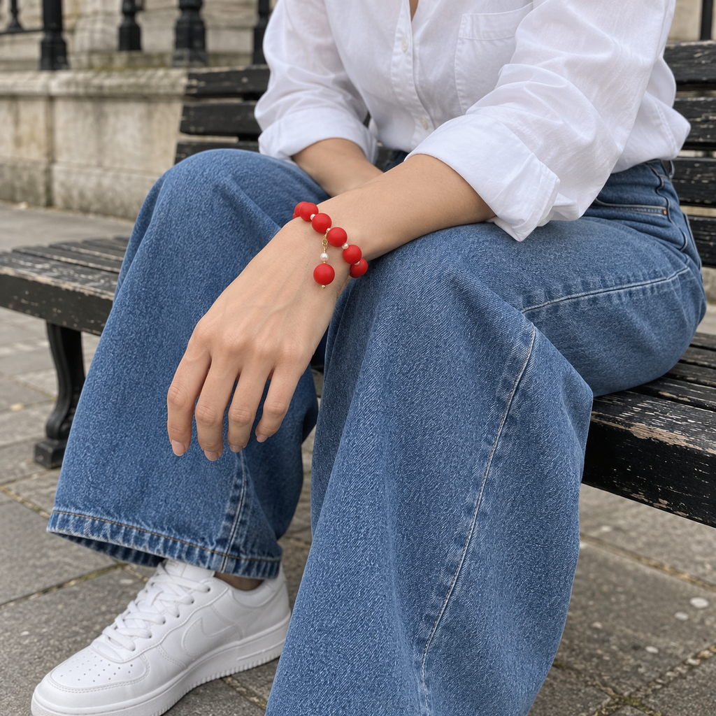 Tomato red & pearl beaded bracelet