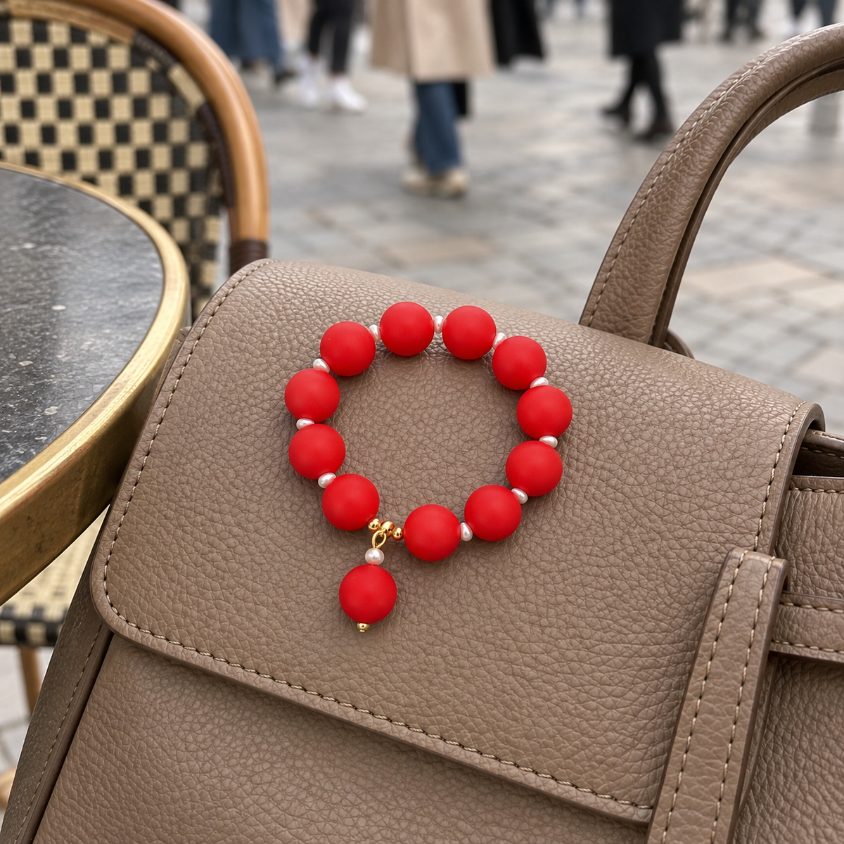 Tomato red & pearl beaded bracelet