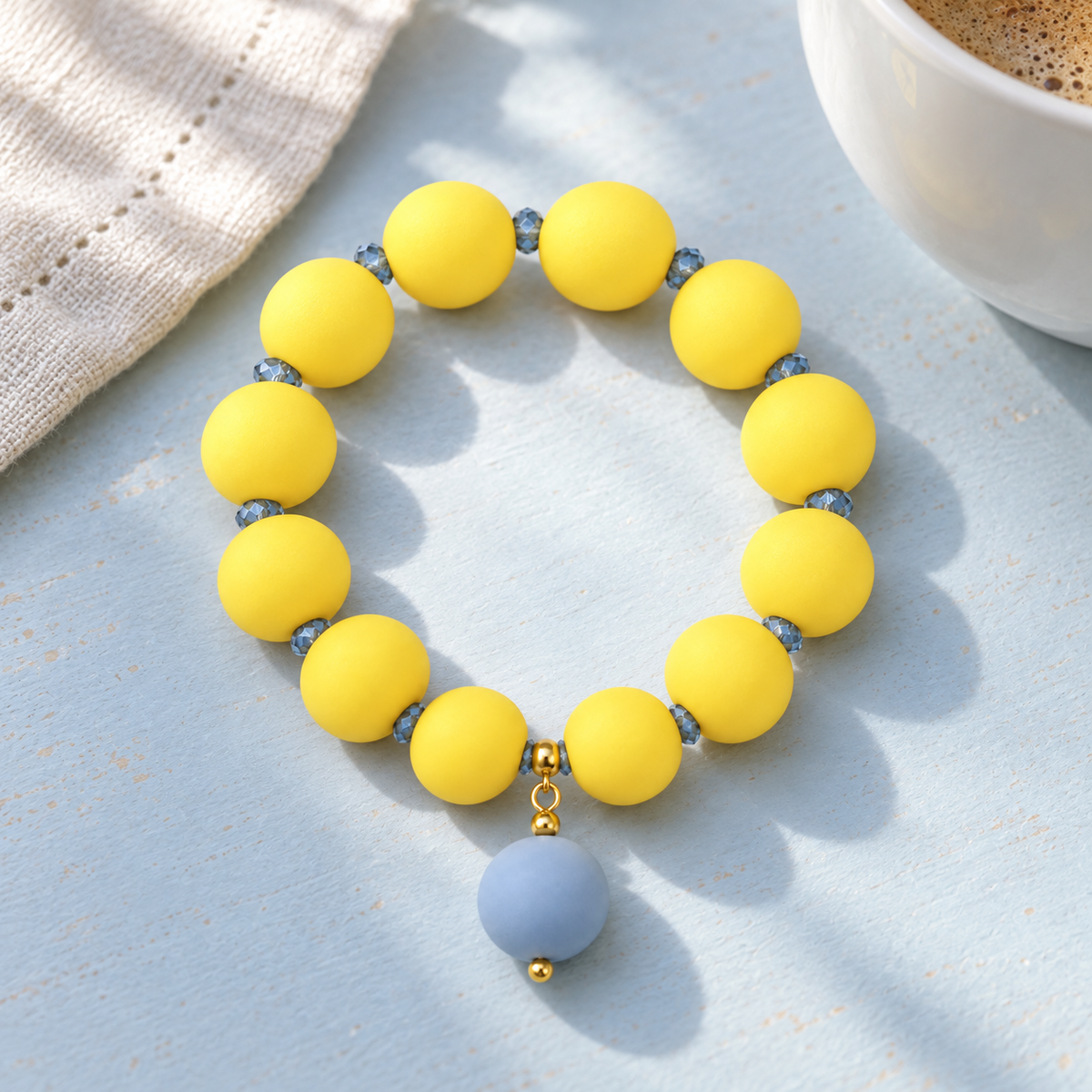 Butter yellow and soft blue beaded bracelet 15 mm