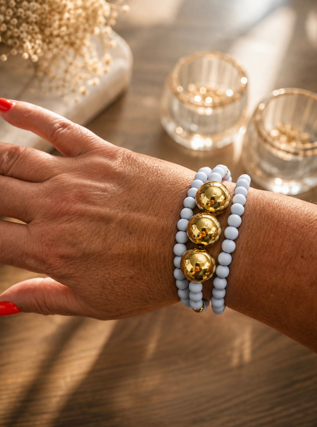 Light blue and gold bracelet stack