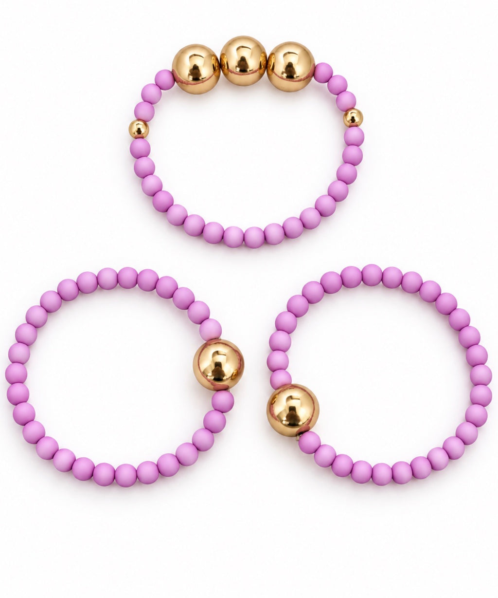 Purple and rose gold beaded bracelet stack