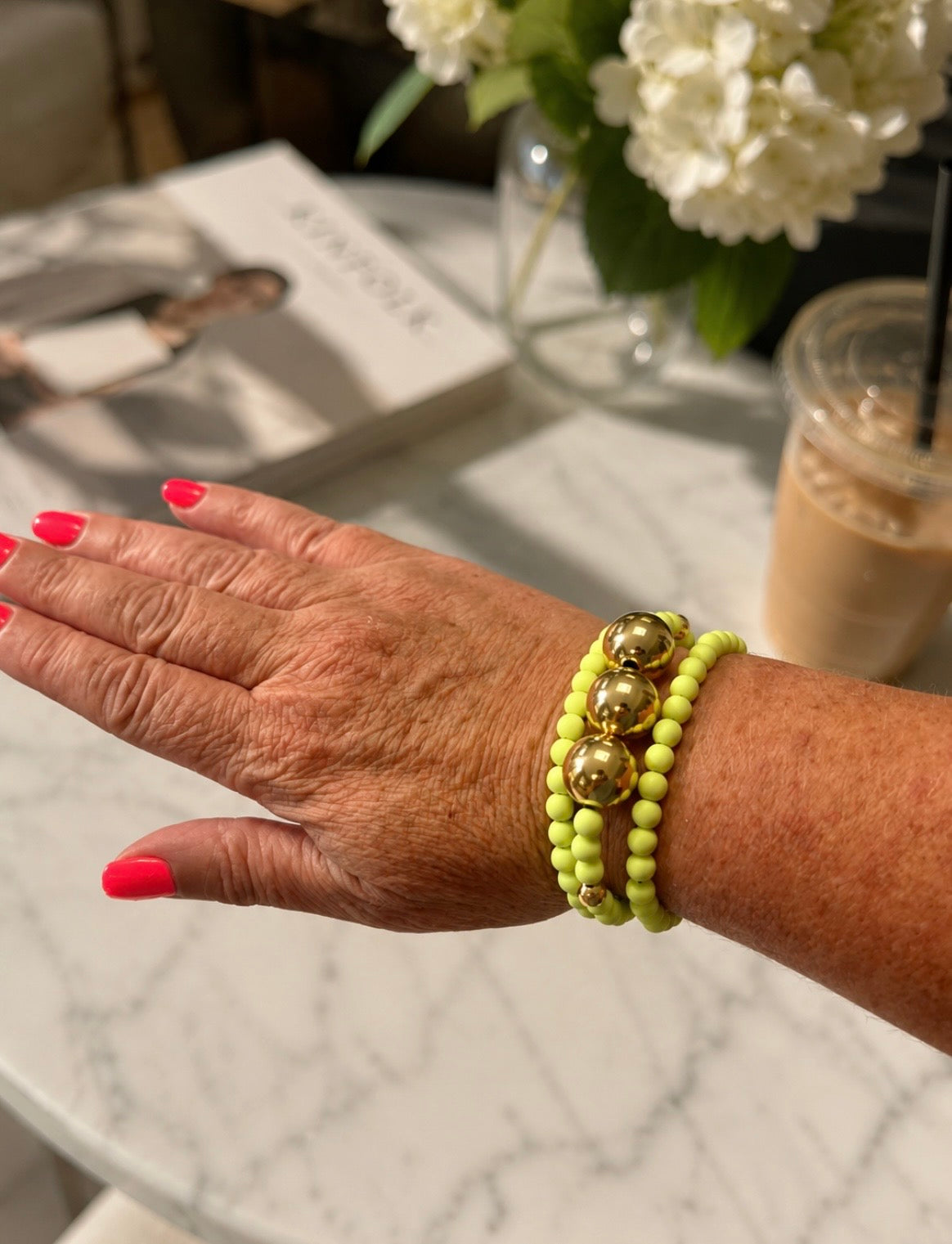 Light lime green and gold bracelet stack