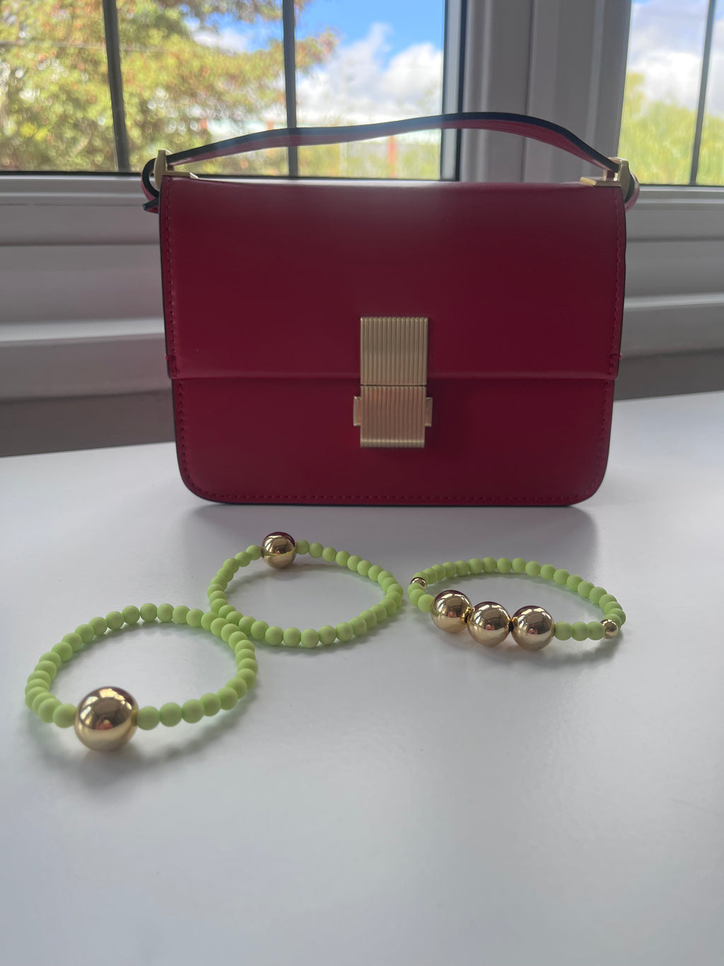 Light lime green and gold bracelet stack