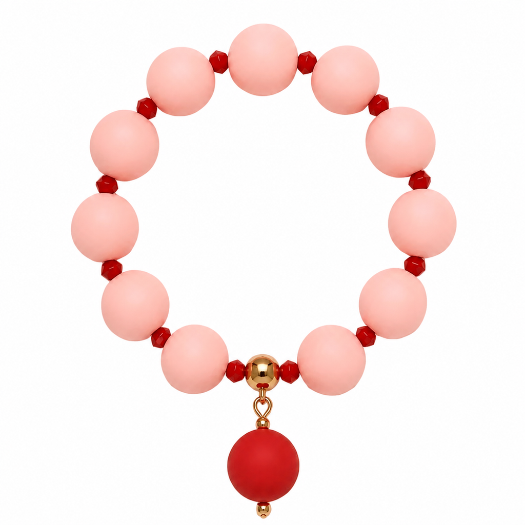 Blush pink beaded bracelet with tomato red drop bead