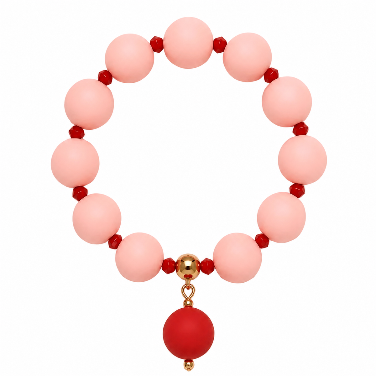 Blush pink beaded bracelet with tomato red drop bead
