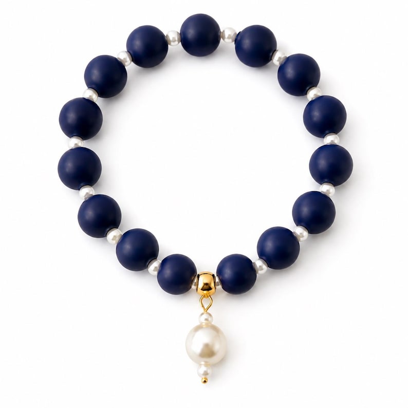 Navy silicone beaded bracelet with pearl spacers
